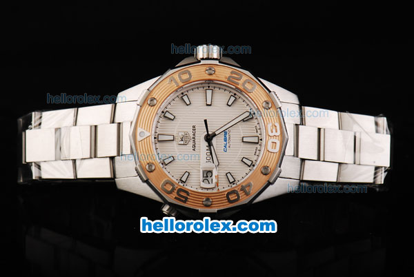 Tag Heuer Aquaracer 500 Calibre 5 Swiss ETA 2892 Automatic Movement Gold Bezel with White Dial and White Stick Markers - Click Image to Close